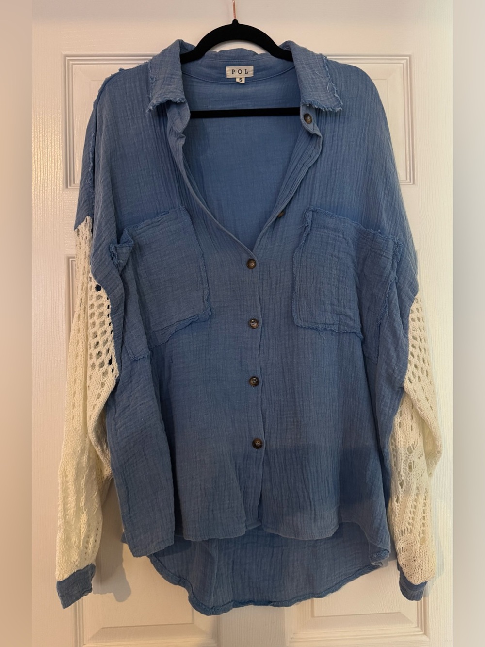 POL Blue Gauze Button-Front Shirt with Cream Crochet Sleeves